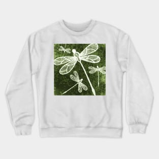 Magical white dragonflies on grunge green background Crewneck Sweatshirt